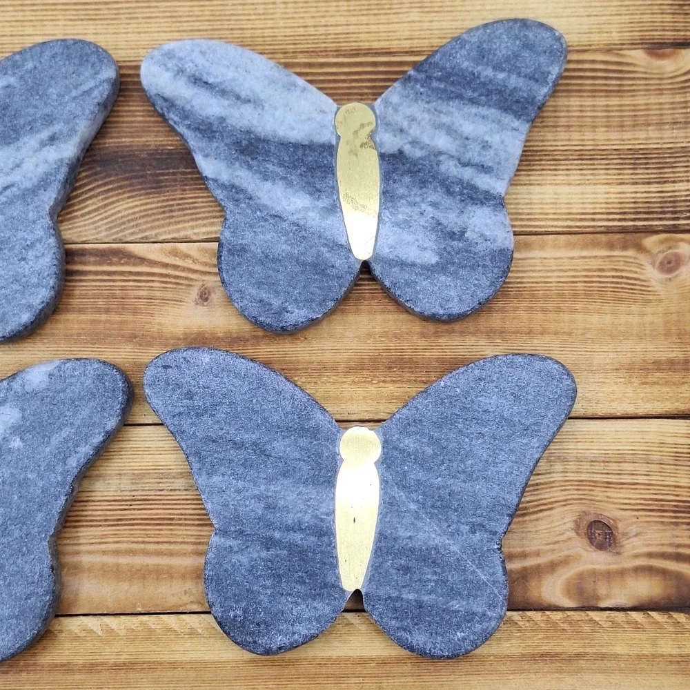 Coasters (4) Marble Brass Inlay Butterflies Natural Stone MCM Natural‎ Stone
